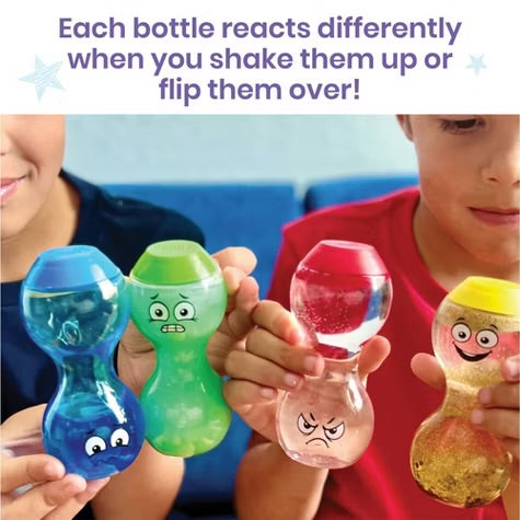 BOTELLAS DE LA CALMA Y EMOCIONES SENSORIALES KIDS: ENOJADO-TRISTE-CONTENTO-ASUSTADO PREVENTA