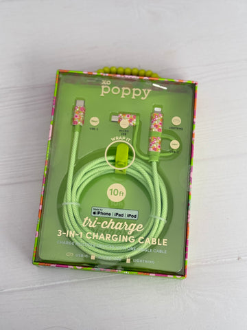 POPPY CABLE CARGADOR 3 EN 1 VERDE CON FLORES