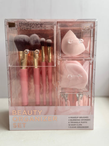 SET BEAUTY ORGANIZER ESPONJA Y BROCHAS ROSADO