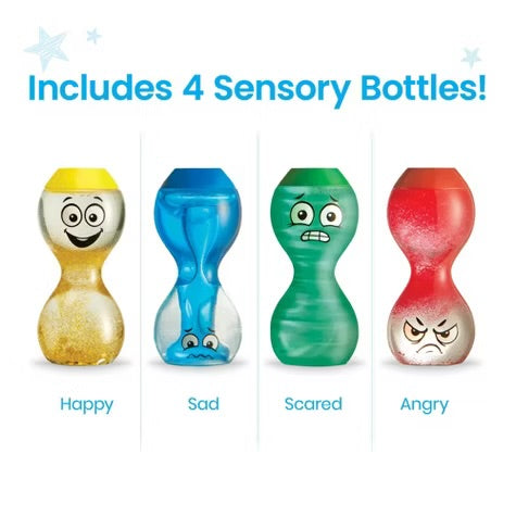 BOTELLAS DE LA CALMA Y EMOCIONES SENSORIALES KIDS: ENOJADO-TRISTE-CONTENTO-ASUSTADO PREVENTA