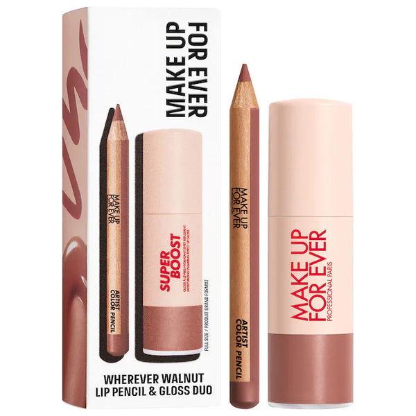 MAKE UP FOR EVER MINI COLOR PENCIL LIP LINER AND FULL SIZE SUPER BOOST LIP GLOSS KIT WHEREVER WALNUT PREVENTA