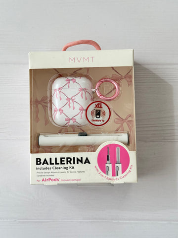 FUNDA AIRPODS 1 y 2 GENERACIÓN Y LIMPIADOR DE AUDIFONOS BLANCO CON MOÑOS ROSADOS