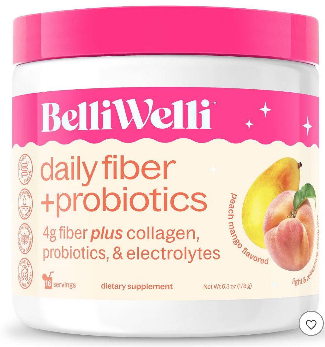 BELLIWELLI SUPLEMENTO CON PROBIÓTICOS, ELECTROLITOS, COLÁGENO PEACH MANGO 16SERV