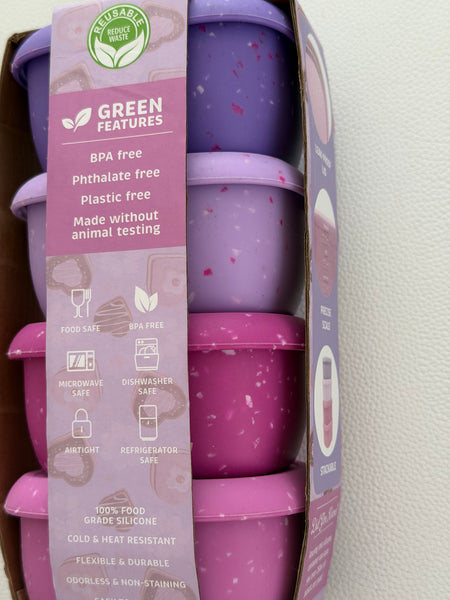 SET 4 SNACK BOX MEDIANOS SILICONA ULTRA RESISTENTE TONALIDADES MORADAS RECTANGULARES 200ML CADA UNO