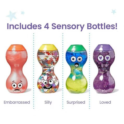 BOTELLAS DE LA CALMA Y EMOCIONES SENSORIALES KIDS: AMADO-SORPRENDIDO-AVERGONZADO-CHISTOSO PREVENTA