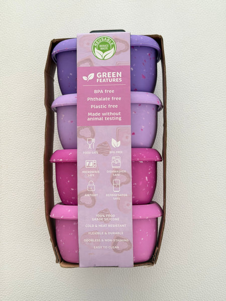 SET 4 SNACK BOX MEDIANOS SILICONA ULTRA RESISTENTE TONALIDADES MORADAS RECTANGULARES 200ML CADA UNO
